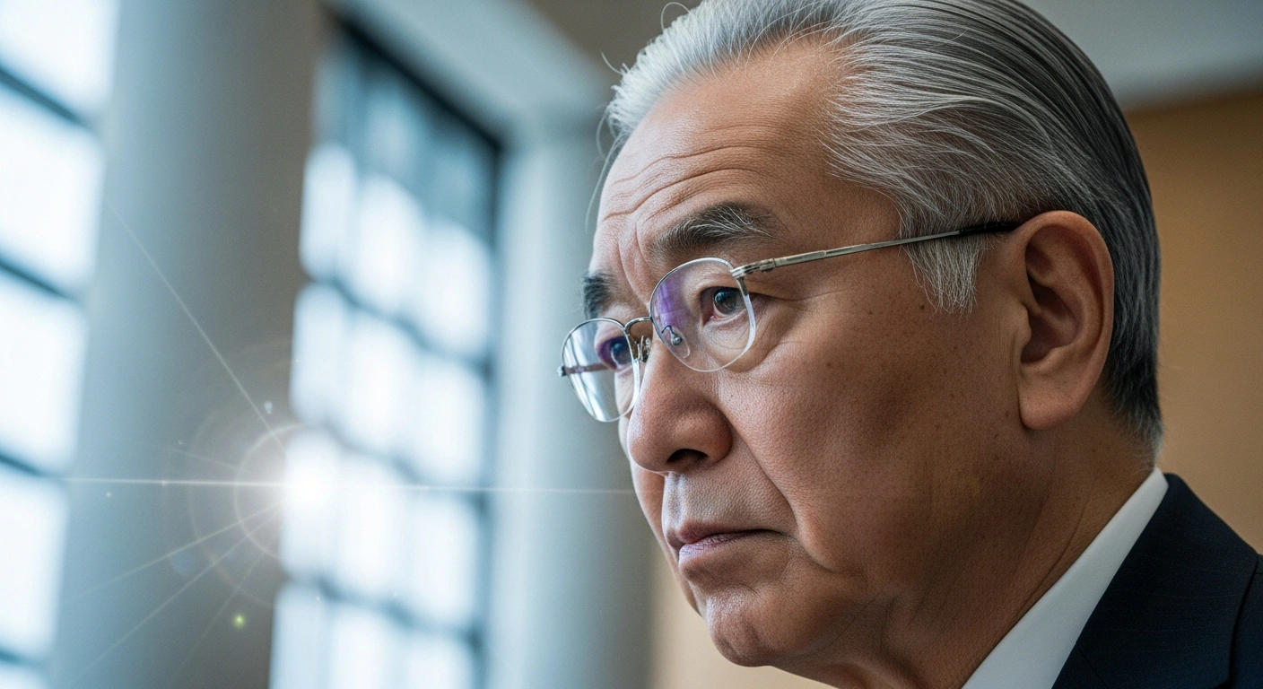 A distinguished, older Japanese man with a contemplative expression, representing former Japanese Prime Minister Shigeru Ishiba, is depicted in a close-up shot, reflecting on Japan's unique historical position regarding nuclear weapons, international treaties, and energy policy.