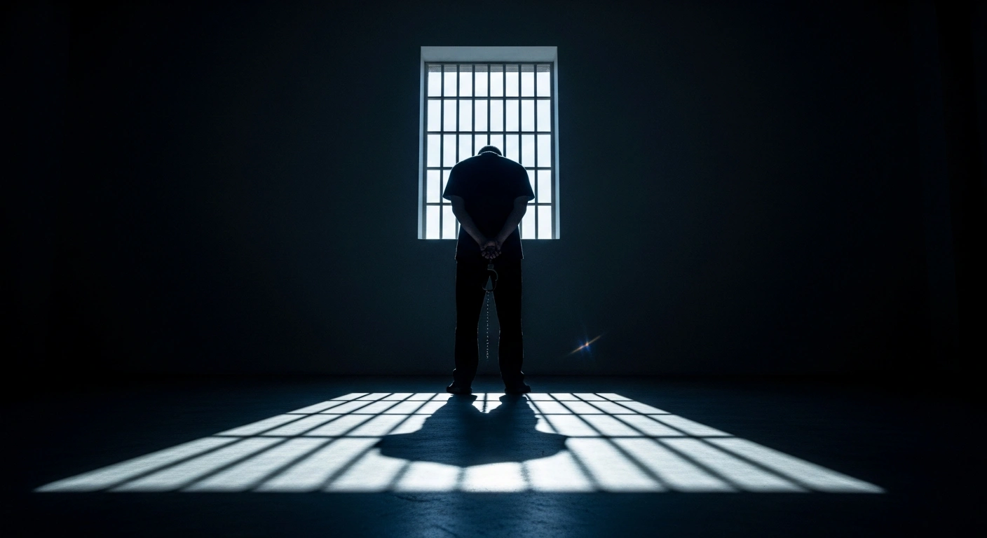 A solitary figure, representing Abdullah Haji Zada, is silhouetted against a high-barred window in a stark, concrete room, symbolizing his 15-year federal prison sentence for plotting an Election Day terror attack in the United States on behalf of ISIS.
