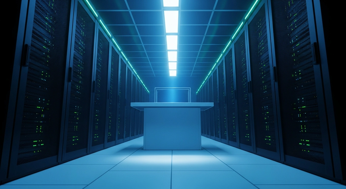 A low-angle, wide shot inside a hyper-modern data center, with cool blue and green LED lights illuminating rows of sleek server racks, symbolizing the complex cross-border network models for online gambling, now being brought under new guidance by the Isle of Man Gambling Supervision Commission to bolster anti-money laundering and counter-terrorist financing efforts.