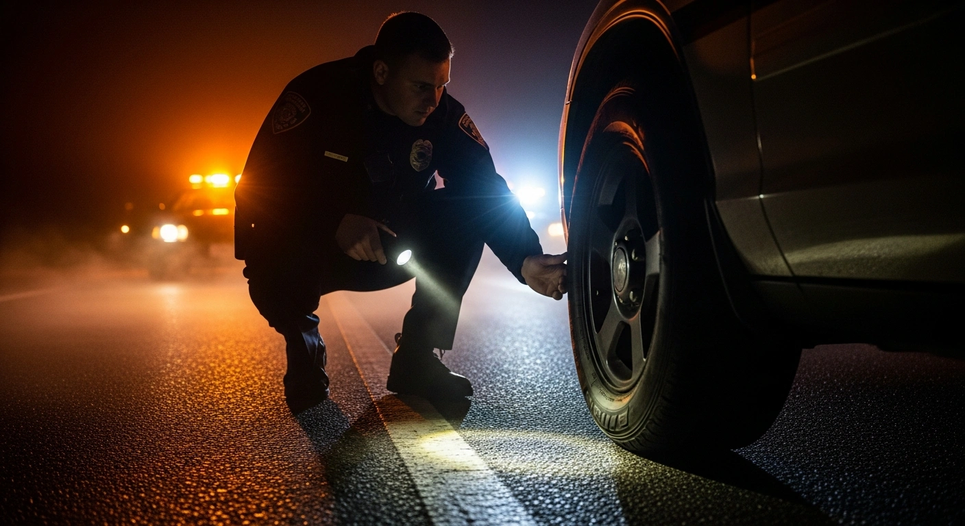 A police officer from the Isle of Man Constabulary's Roads Policing Unit inspects a severely worn tire on a vehicle during a roadside safety check, with the amber lights of a police cruiser flashing in the background.