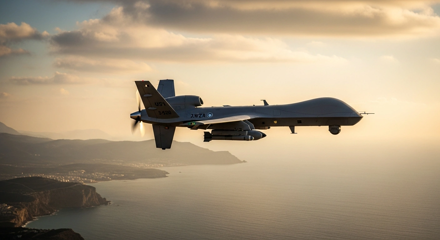 An Israel Air Force unmanned aerial vehicle flies over the northern coastal region of Israel during a military readiness exercise.
