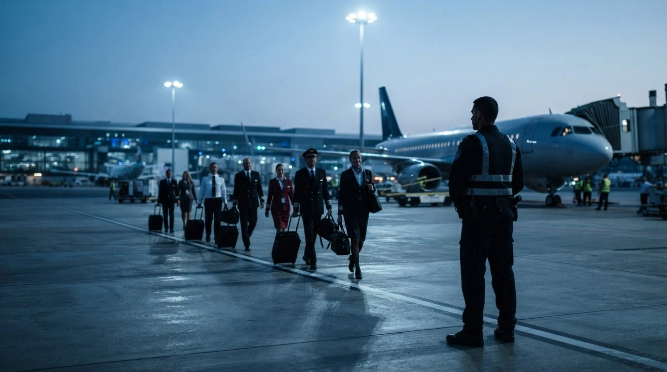 An Israeli security official monitors foreign flight crew members at an airport as part of intensified national aviation security protocols.