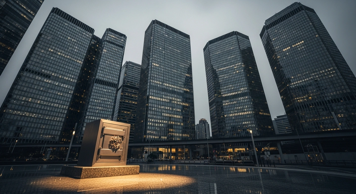 Five large glass skyscrapers representing Israel's major banks stand over a city as the Competition Authority investigates their oligopoly status.