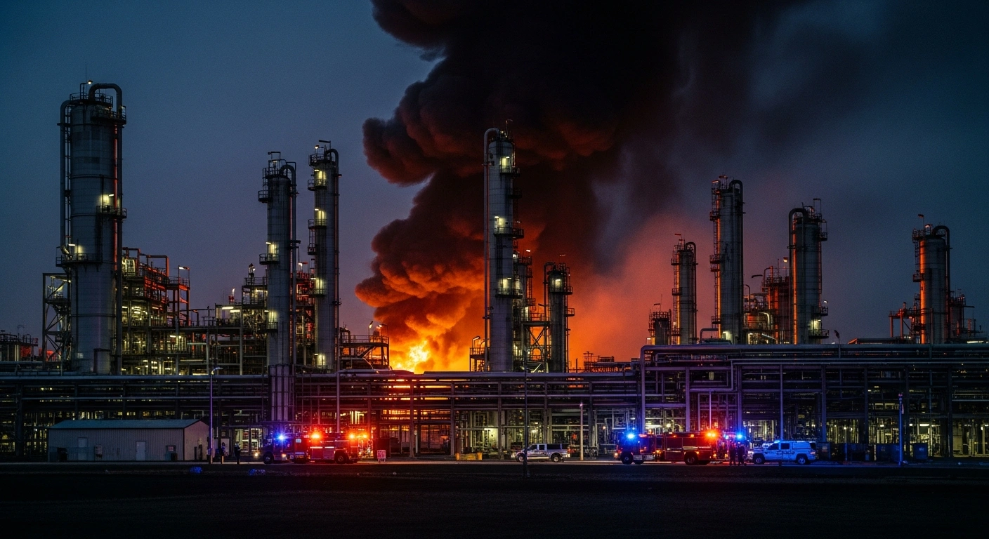 Emergency responders work to contain a fire at an industrial chemical plant in southern Israel after it was struck by debris from an intercepted Iranian missile.