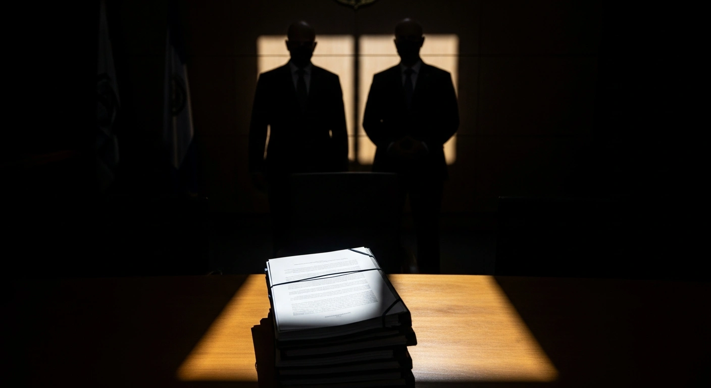 A high-angle, dramatically lit photograph shows legal documents on a polished table, symbolizing a petition to Israel's High Court, with two silhouetted figures in the background casting long shadows, representing alleged interference by Police Chief Danny Levy and National Security Minister Itamar Ben Gvir in the Sde Teiman leak probe.