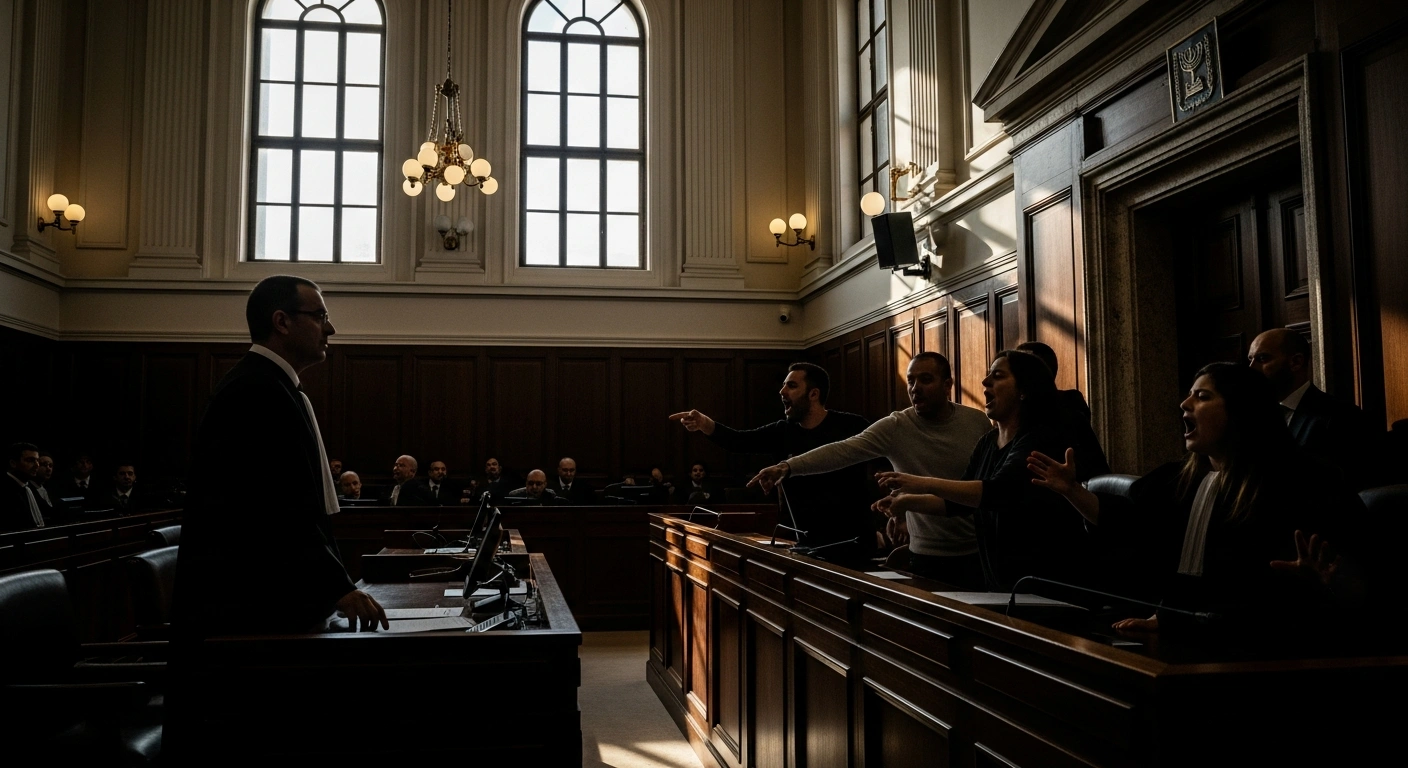 A dramatic, low-angle shot captures a tense scene inside a traditional Israeli High Court courtroom, where a silhouetted figure of authority, representing High Court President Yitzhak Amit, observes disruptive attendees gesticulating and shouting, reflecting the contentious hearing into the Sde Teiman detention facility leak probe.