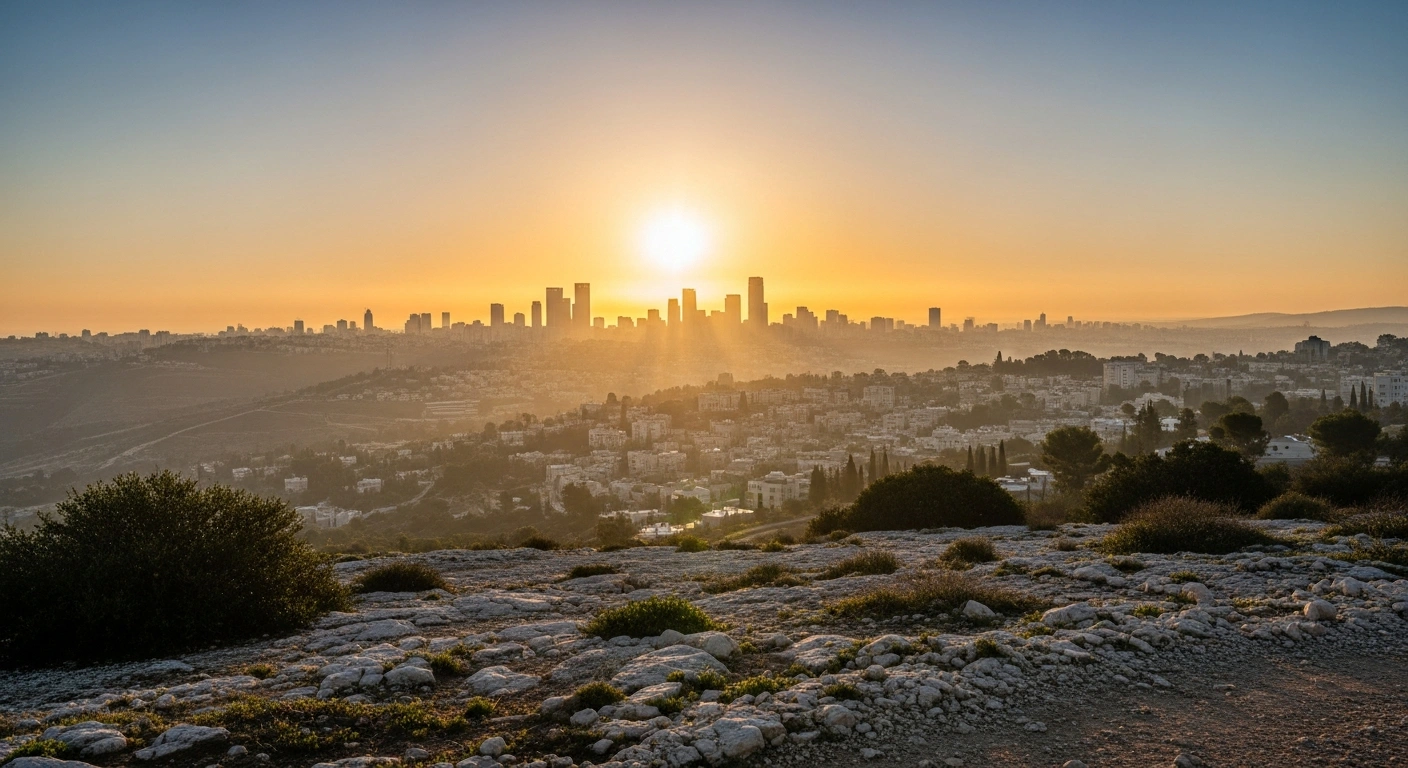 A wide, low-angle shot captures a modern Israeli city skyline bathed in golden sunlight, emerging from a dissipating mist, symbolizing the country's improved economic outlook and S&P Global Ratings' revision to 'stable' after a ceasefire, while lingering shadows suggest ongoing geopolitical considerations.
