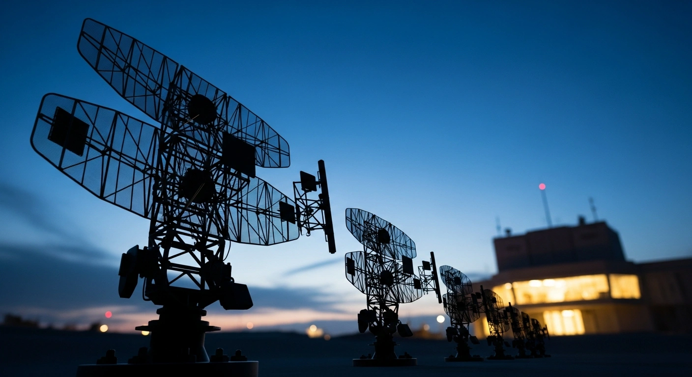 A high-tech radar array stands against a twilight sky to represent the technological advancements recognized by the 2026 Israel Defense Prize.
