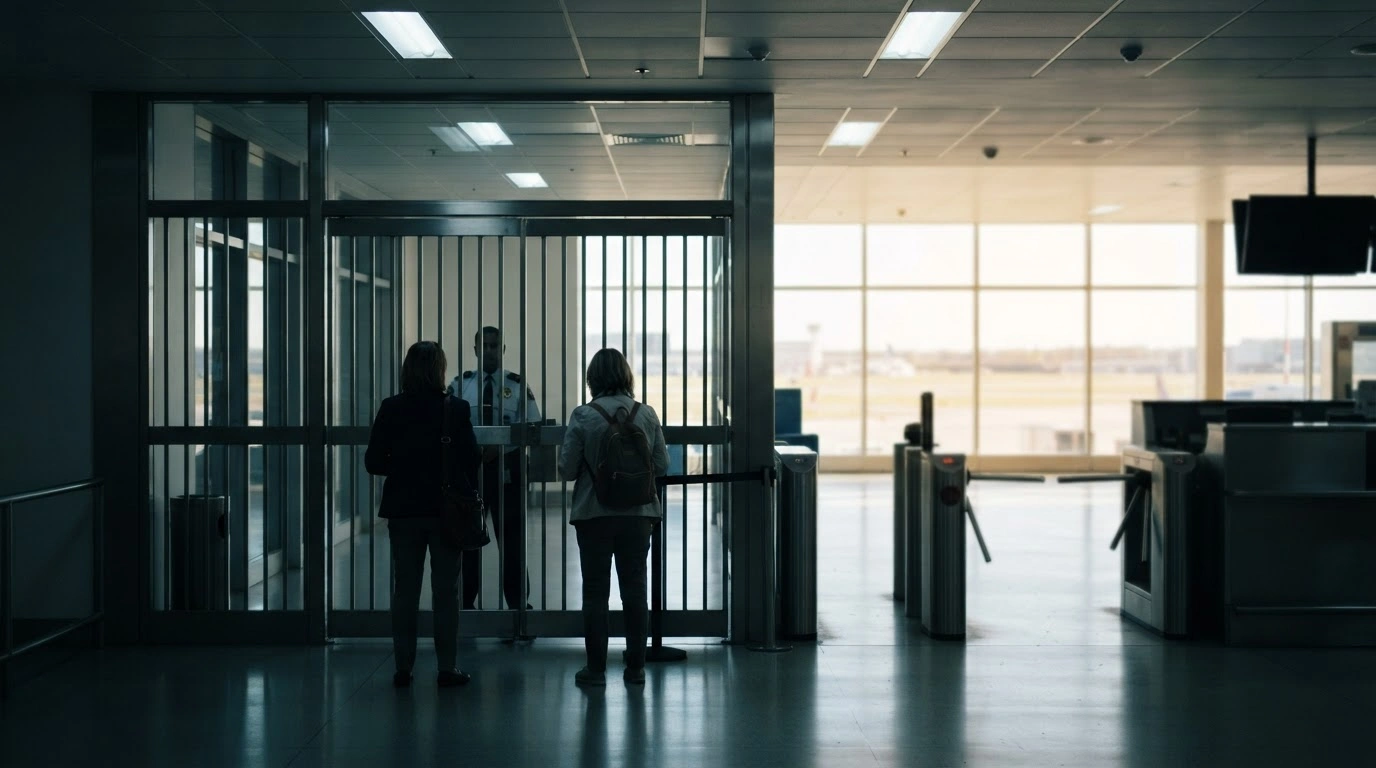 Two European Parliament members stand before a closed security gate at an airport after being denied entry by Israeli authorities.