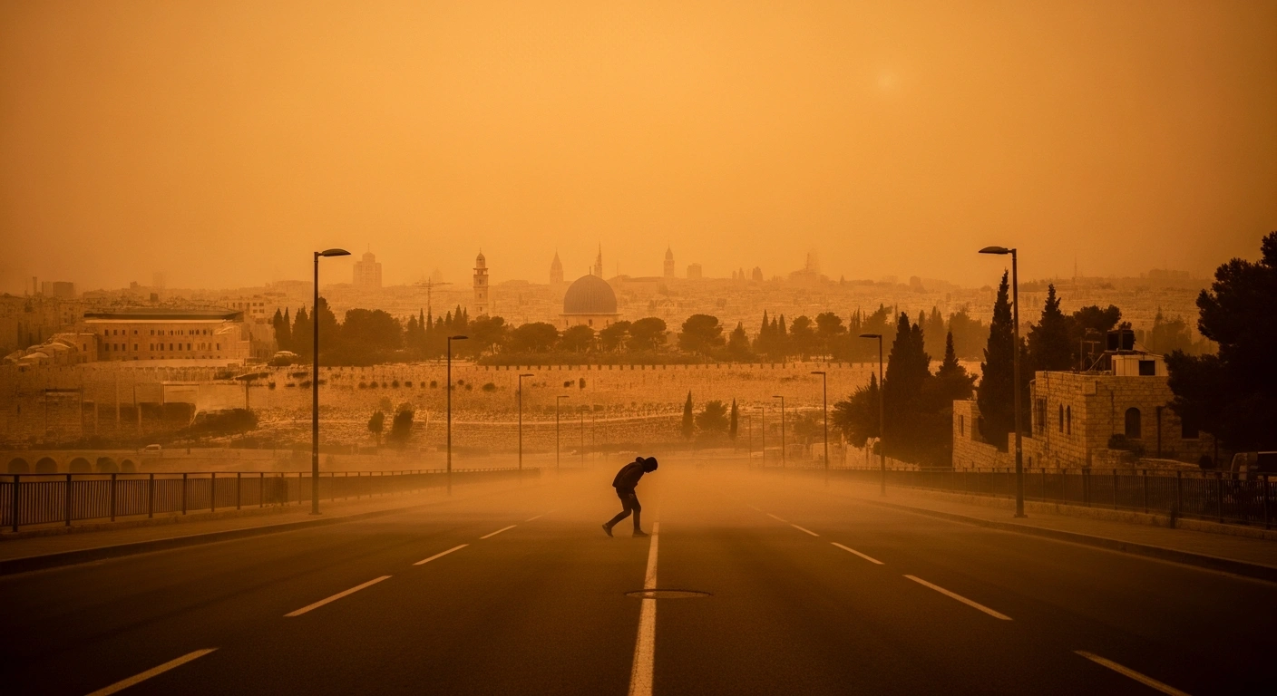 A powerful dust storm from North Africa engulfs Jerusalem, casting an orange haze over the city and obscuring buildings, reflecting the hazardous air quality that led to health warnings in Israel on February 14, 2026.