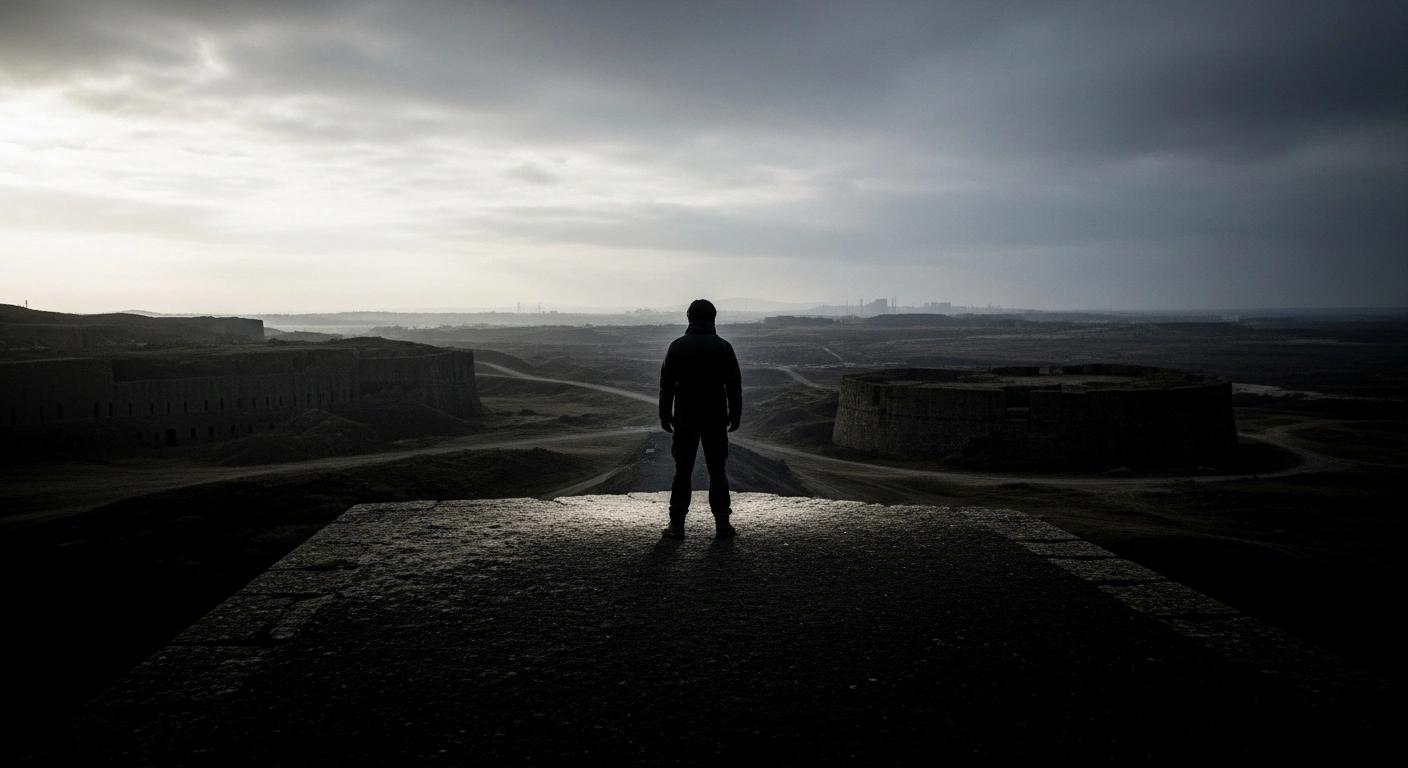 A lone, silhouetted figure stands on an elevated platform, overlooking a vast, desolate landscape with ancient-looking fortifications and an industrial horizon under a heavy, overcast sky, visually representing the concept of a nation facing economic isolation and the idea of becoming a 'super-Sparta'.