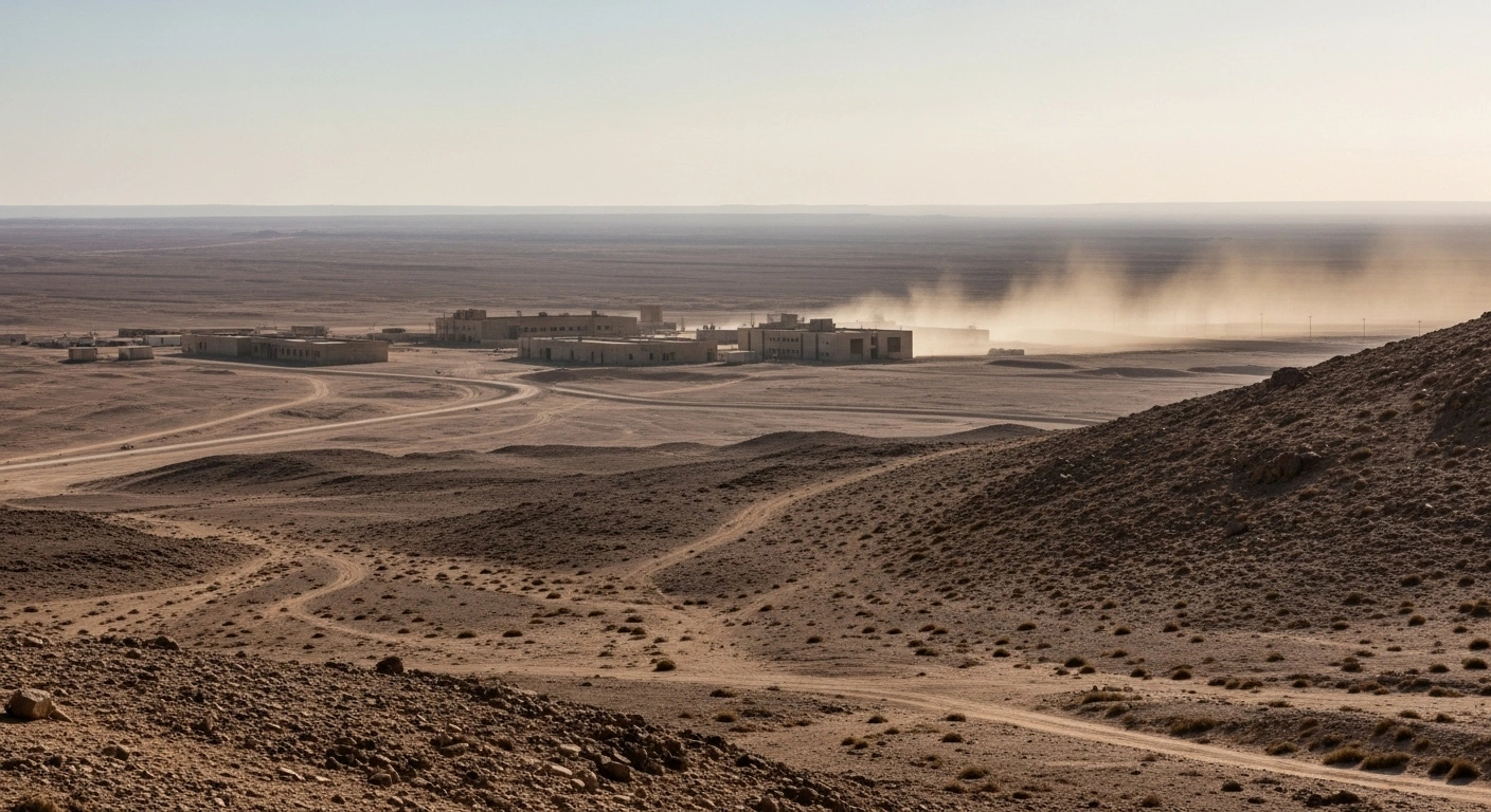 This image depicts a wide, sun-baked desert landscape of the Sinai Peninsula, featuring a distant, partially obscured military installation under late afternoon light with dust in the air, representing the alleged military buildup by Egypt that Israel claims violates the 1979 peace treaty and has prompted Israel to request U.S. pressure.