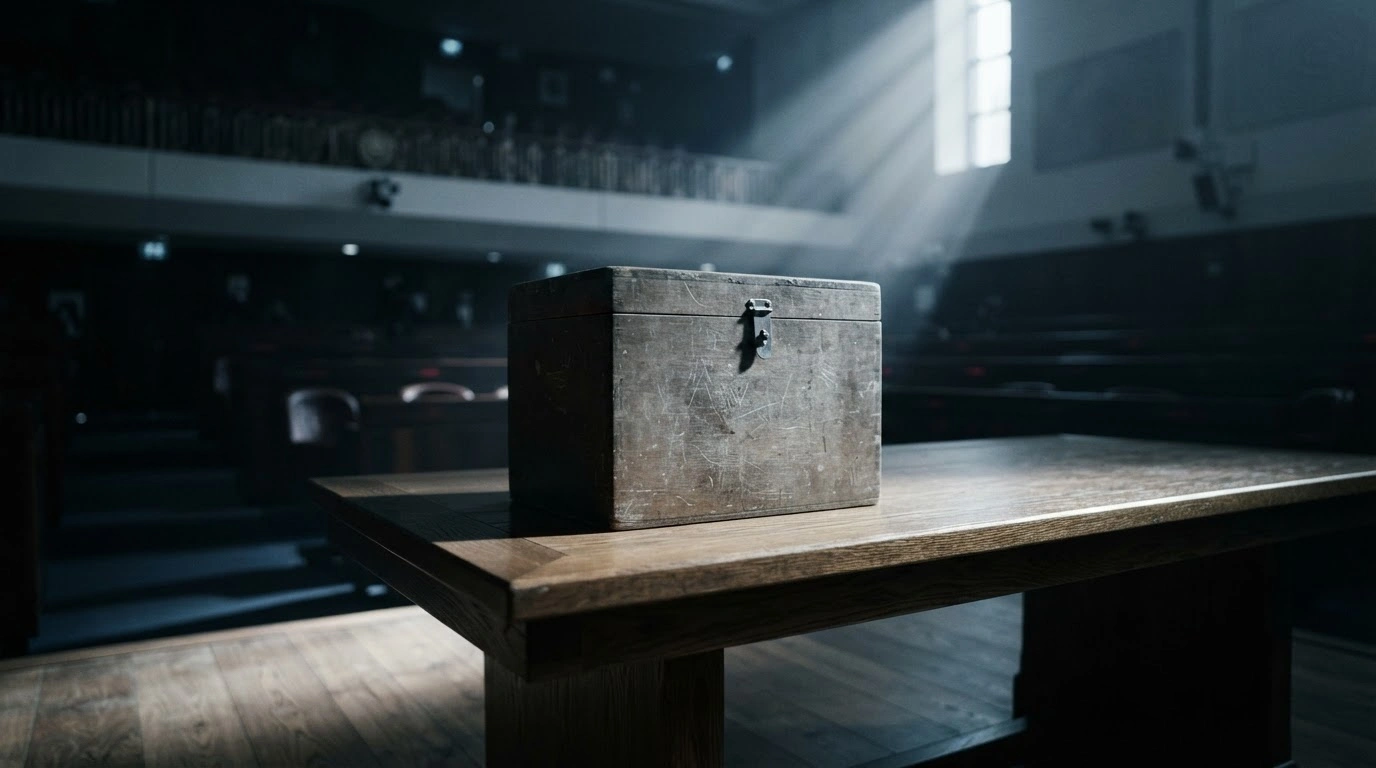 A solitary ballot box sits in a dimly lit room, representing the political tension surrounding election integrity and voter fraud allegations in Israel.