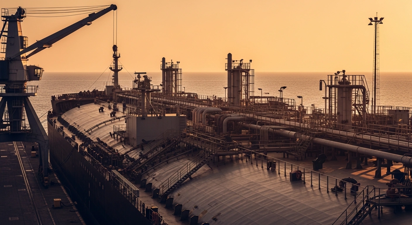 A large industrial fuel tanker is docked at a port as part of an international energy transfer operation between Israel and Germany.