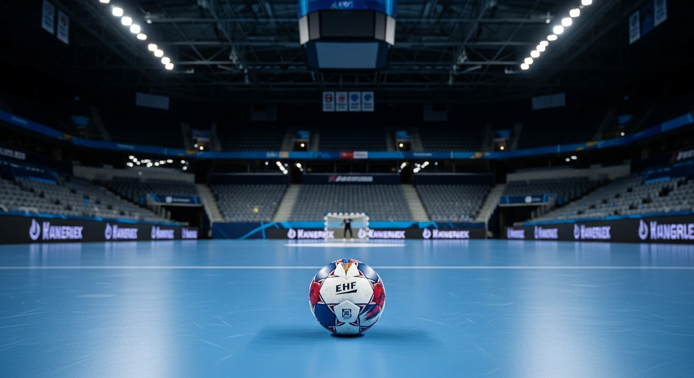 A wide, low-angle shot of an empty, floodlit handball court with a single, motionless EHF handball at the center line, symbolizing the postponement of the Women's EHF EURO 2026 Qualifiers match between Israel and Greece by the EHF due to security concerns.