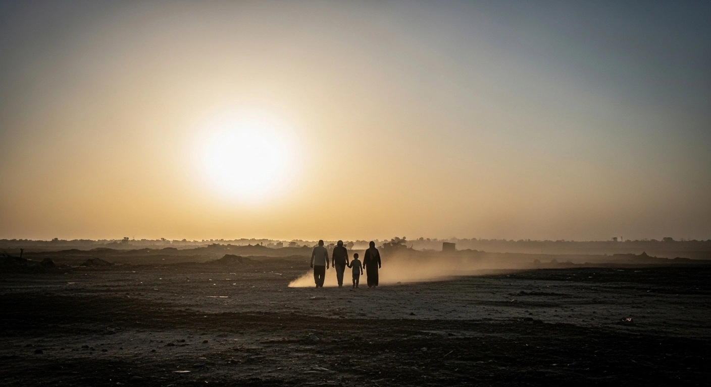 A wide, low-angle shot at dawn shows a small group of figures walking towards a distant horizon over a war-scarred landscape, symbolizing the hopeful beginning of a ceasefire deal between Israel and Hamas, which includes troop withdrawal and prisoner release, as announced by US President Donald Trump.