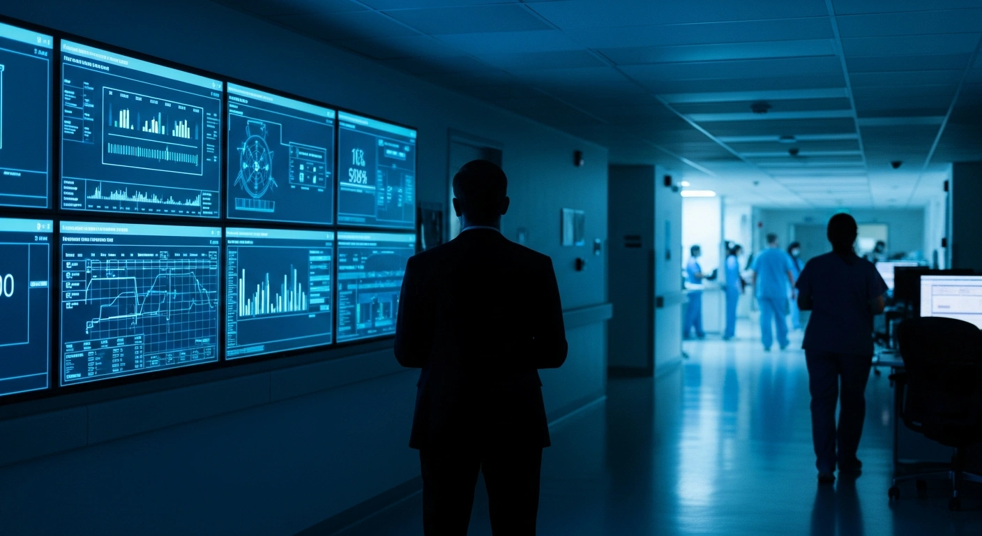 A medical administrator monitors digital data in a high-tech hospital command center to ensure the functionality of the Israeli national health system during an emergency.