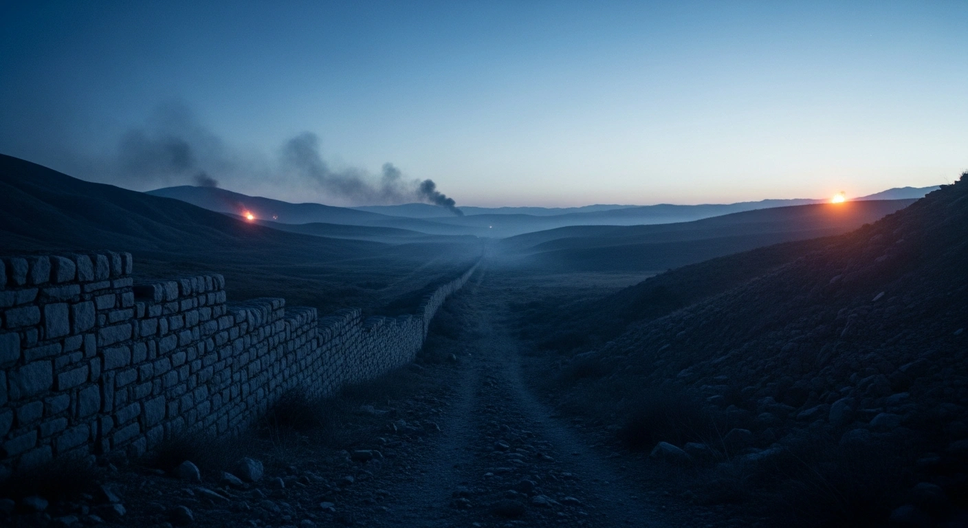 A desolate border landscape at twilight shows distant smoke rising over the horizon, representing the fragile ceasefire between Israel and Hezbollah.