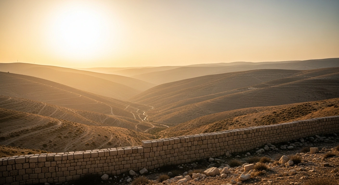 A peaceful, sunlit landscape along the Israel-Lebanon border represents the recent agreement to reduce hostilities between Israel and Hezbollah.