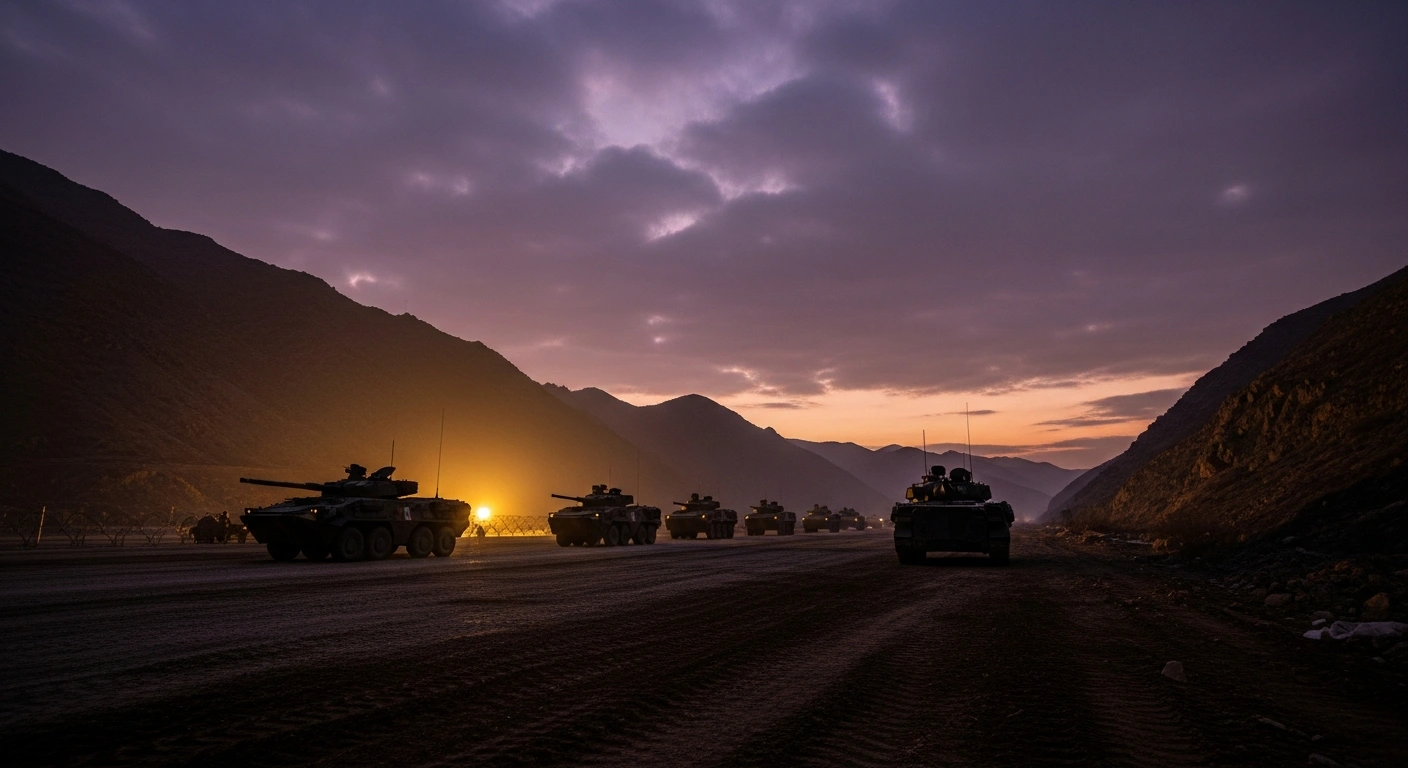 A wide, low-angle shot at twilight shows a line of heavy military vehicles silhouetted against a bruised sky, positioned along a rugged, mountainous fortified border, reflecting Israel's preparations for a military offensive against Hezbollah.