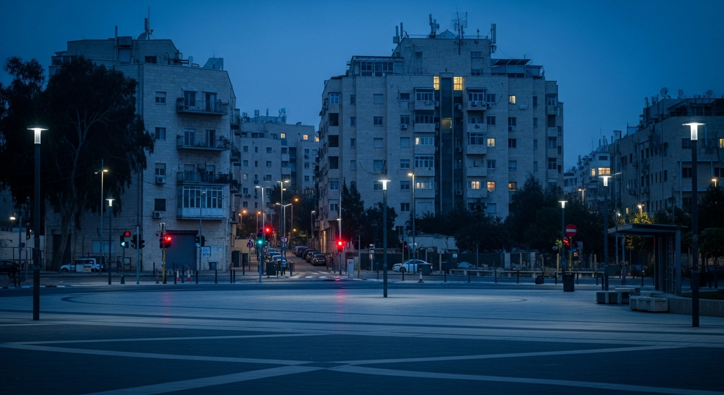 A quiet, empty city street in Israel during the evening as the Home Front Command maintains national security guidelines for civilian safety.