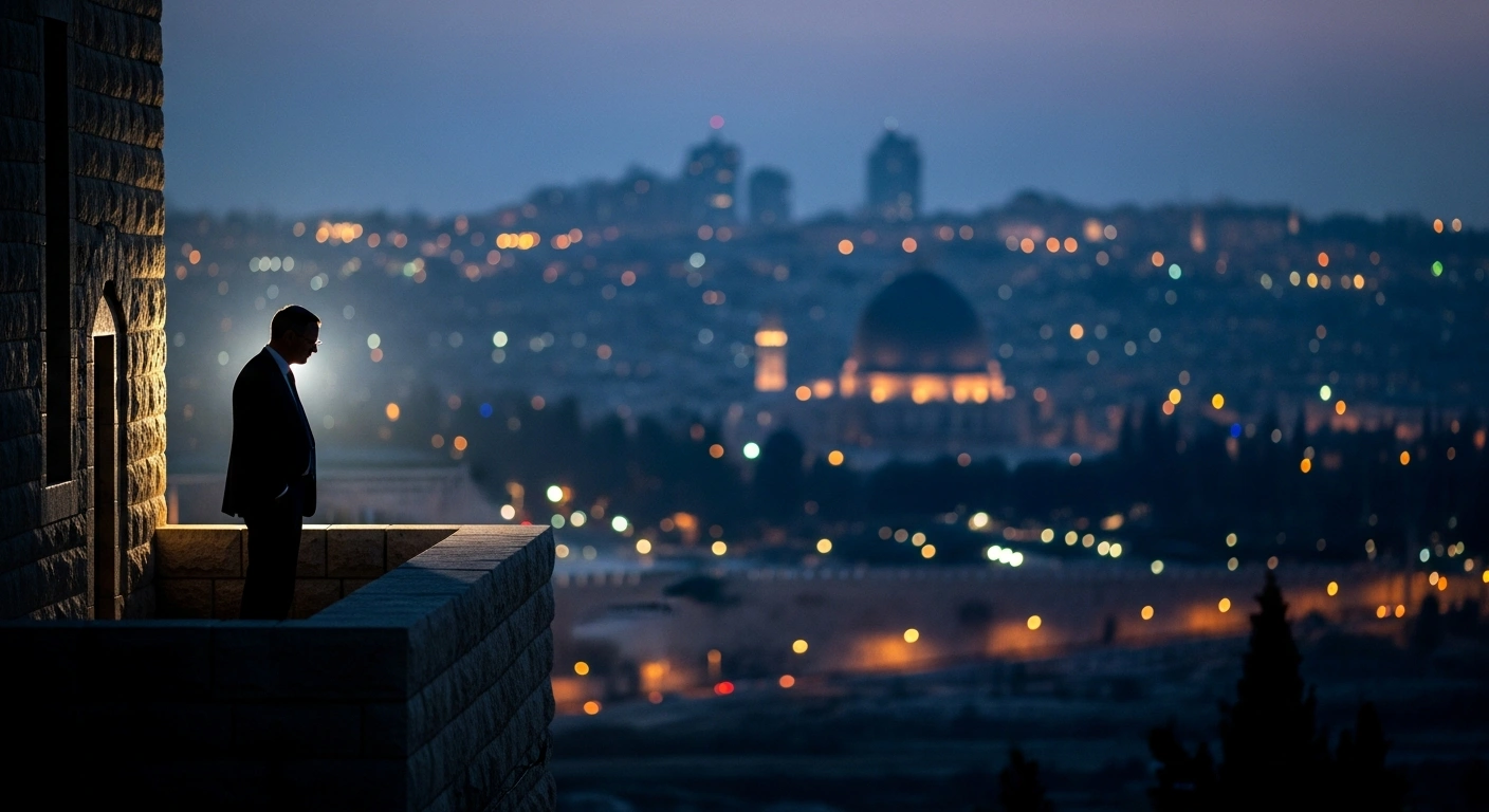 An Israeli official stands on a balcony in Jerusalem looking out over the city skyline as concerns grow regarding the nuclear agreement between the United States and Iran.