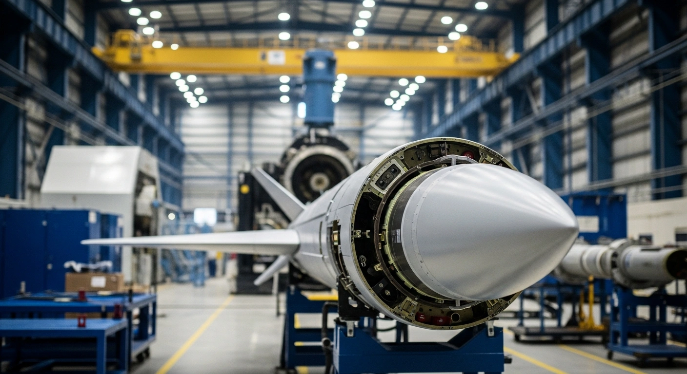 A newly manufactured Iron Dome interceptor missile stands prominently on a factory floor, symbolizing the multi-billion dollar contract between Israel's Ministry of Defense and Rafael Advanced Defense Systems, funded by a US aid package, for stock replenishment and produced at a new US facility in East Camden, Arkansas, a joint venture of Rafael and Raytheon.