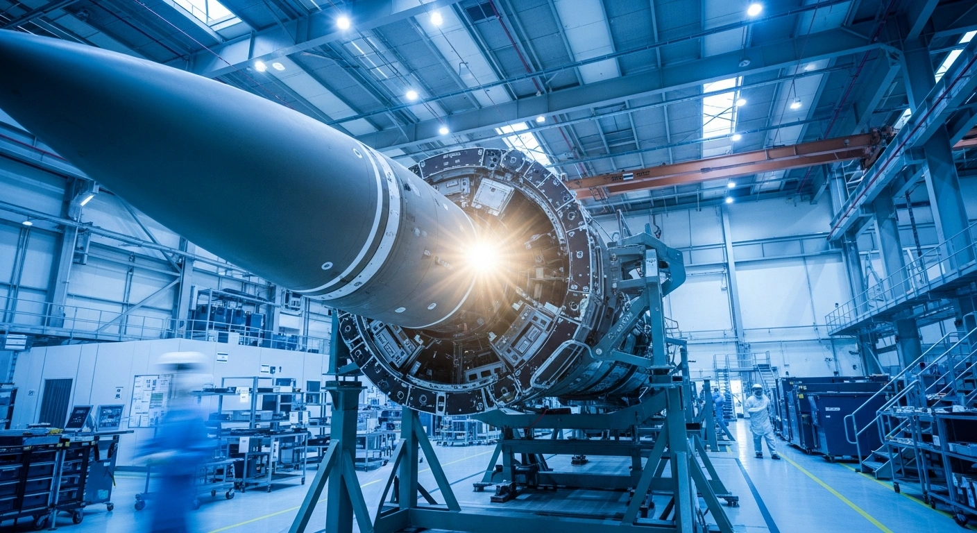 A sleek, partially assembled Iron Dome interceptor missile stands prominently on a modern factory floor, symbolizing the multi-billion dollar contract between Israel's Ministry of Defense and Rafael Advanced Defense Systems, funded by a US aid package, and the new US production facility in Camden, Arkansas, by the Raytheon-Rafael joint venture, R2S.
