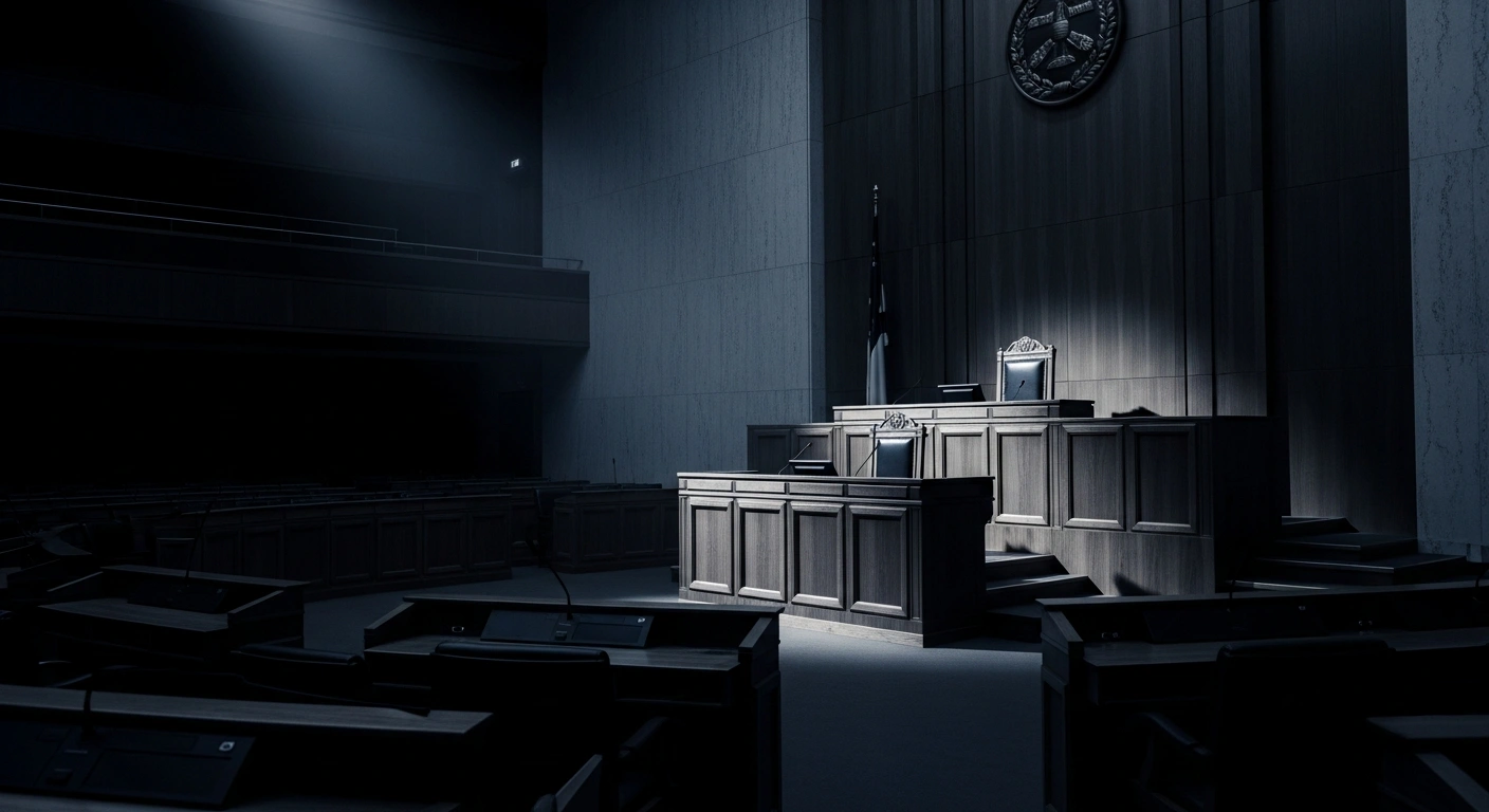 The interior of the Israeli Knesset chamber is shown in a dramatic, dimly lit setting as a committee reviews a controversial media reform bill.
