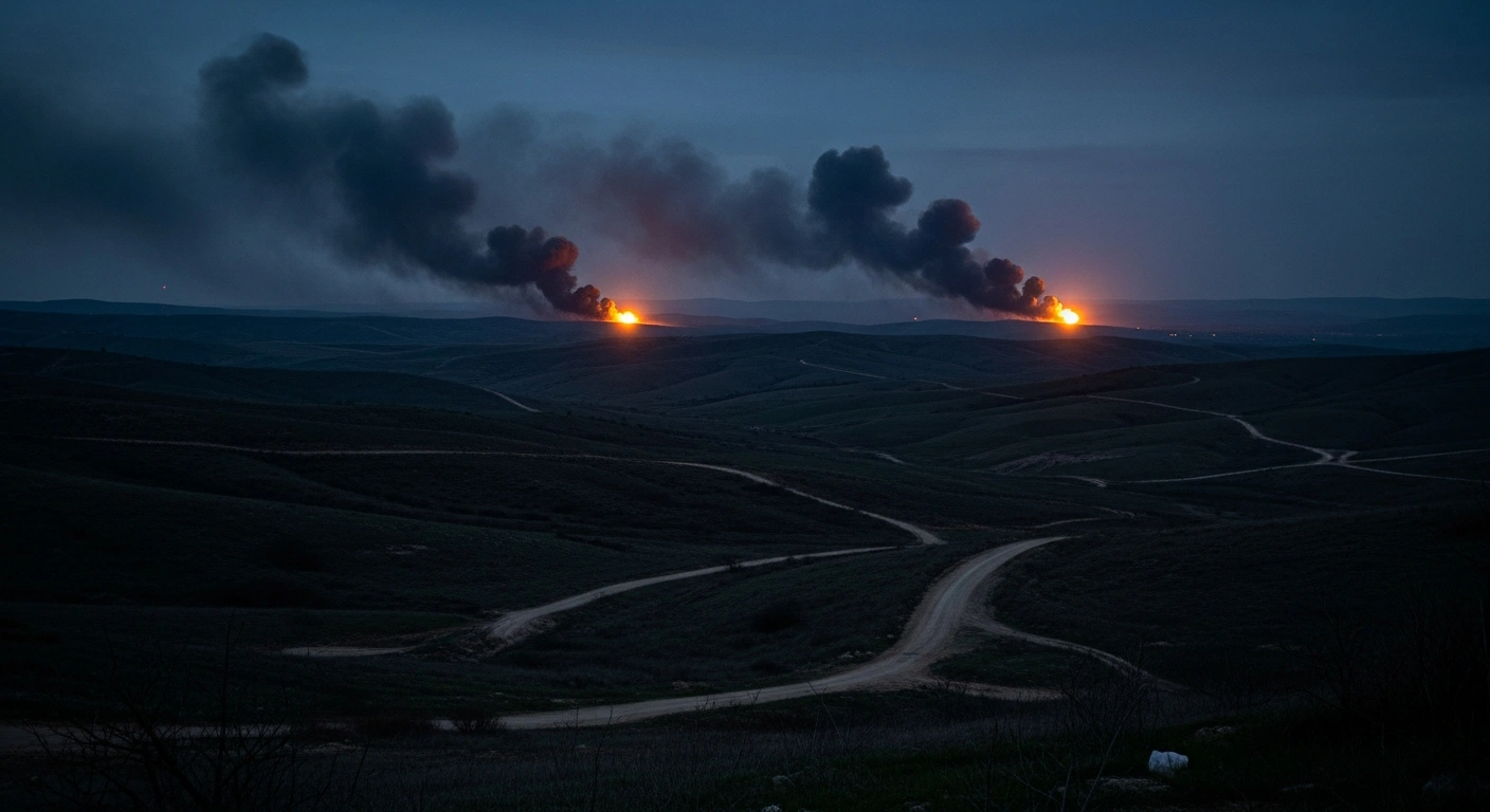 A desolate landscape along the Israel-Lebanon border shows plumes of smoke rising from distant artillery fire during an ongoing military conflict.