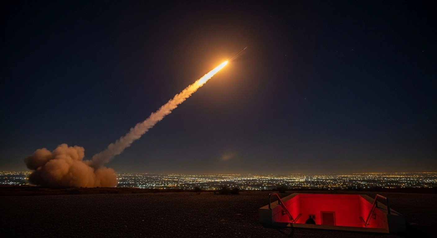 An Israeli air defense missile, likely from an Iron Dome system, streaks across a dark night sky, intercepting a ballistic missile launched by Houthi rebels, with the distant lights of a city below and a red glow from a shelter entrance.