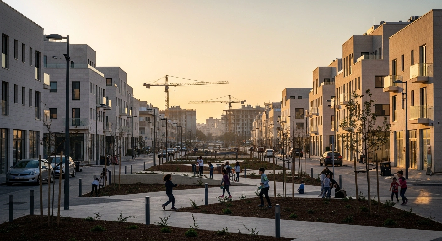 A wide, cinematic shot of a revitalized northern Israeli city street at golden hour, featuring newly constructed buildings, active construction cranes, and children playing in a park, symbolizing the Israeli government's multi-year plan for rehabilitation and investment in cities heavily impacted by war.