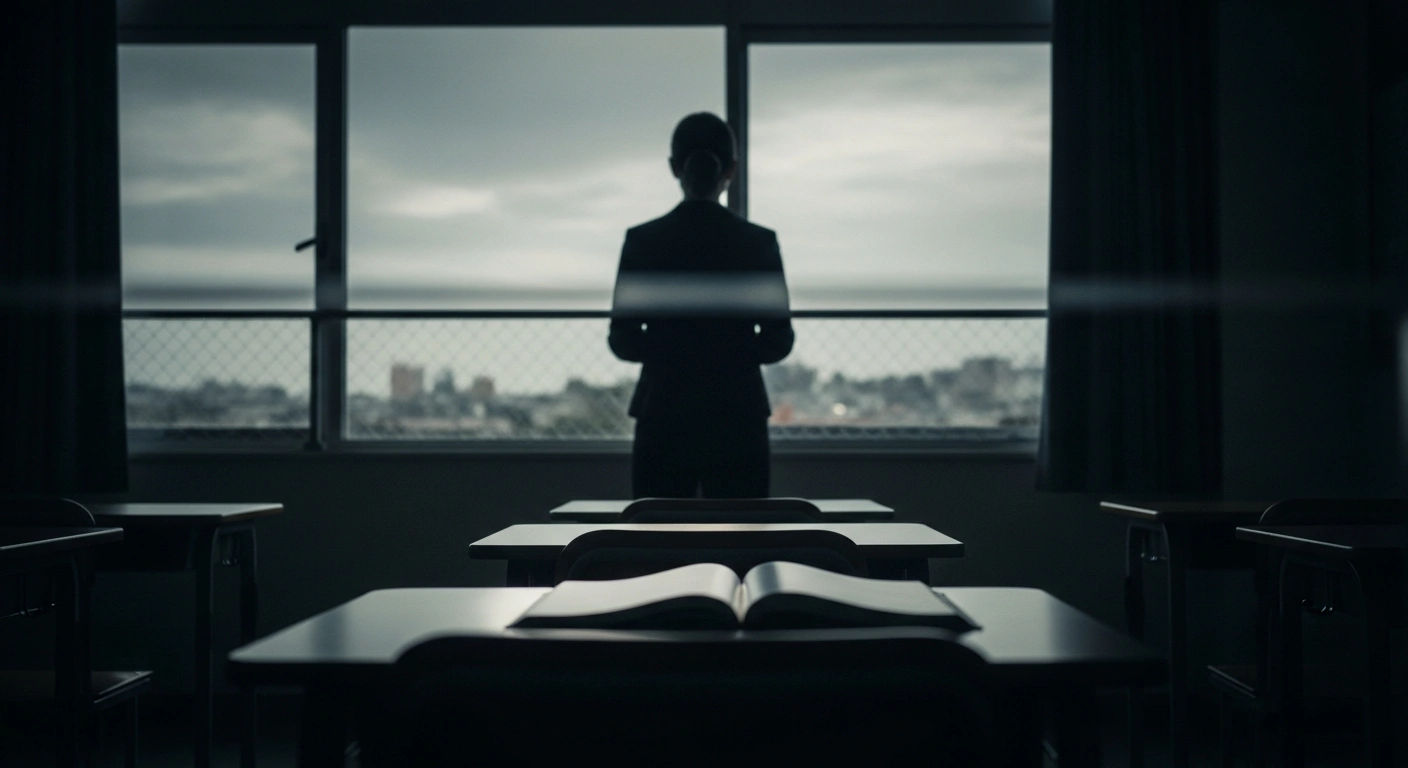 A silhouetted teacher stands in a dimly lit classroom, looking out a window at a distant cityscape, representing the new Israeli law impacting Palestinian Authority university graduates teaching in Israeli schools.