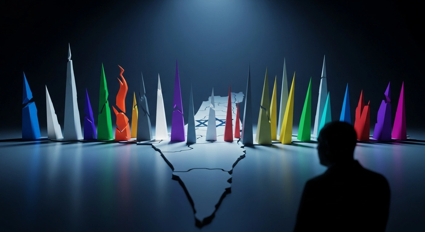 A wide, elevated shot depicts a stylized map of Israel with jagged, illuminated fragments representing new political parties rising and reconfiguring, while a partially silhouetted figure observes the dynamic scene, symbolizing the significant shifts in Israel's political landscape with new parties challenging Prime Minister Benjamin Netanyahu's Likud ahead of the 2026 elections.