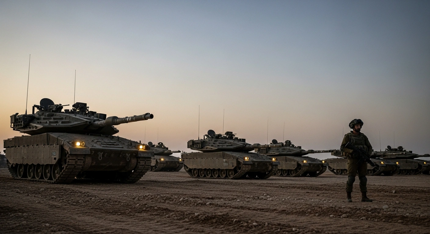 A low-angle, pre-dawn shot shows Israeli Merkava tanks and a soldier positioned near the northern border, their presence signifying Israel's preparations for a military offensive against Hezbollah following alleged ceasefire violations.