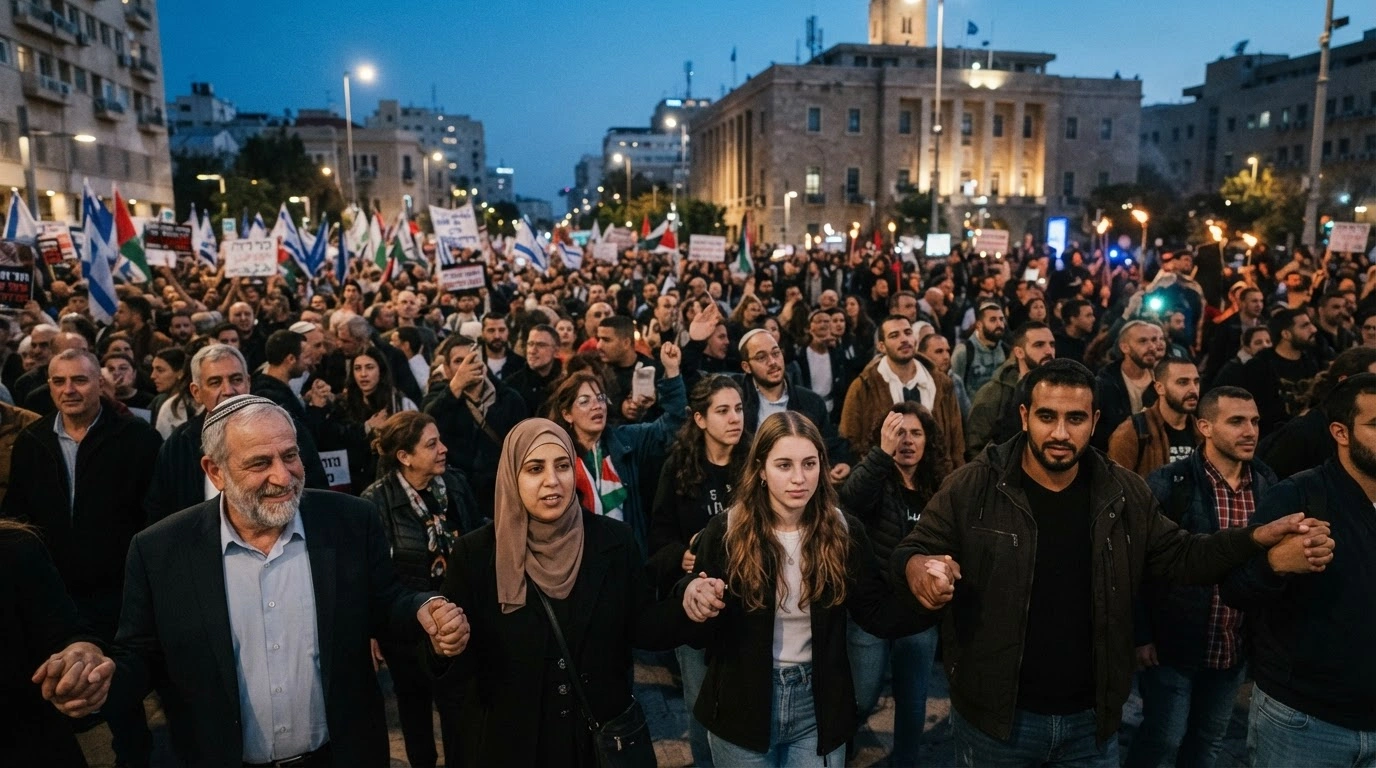 A diverse group of protesters gathers in an Israeli city square to advocate for a government with Jewish and Arab representation.