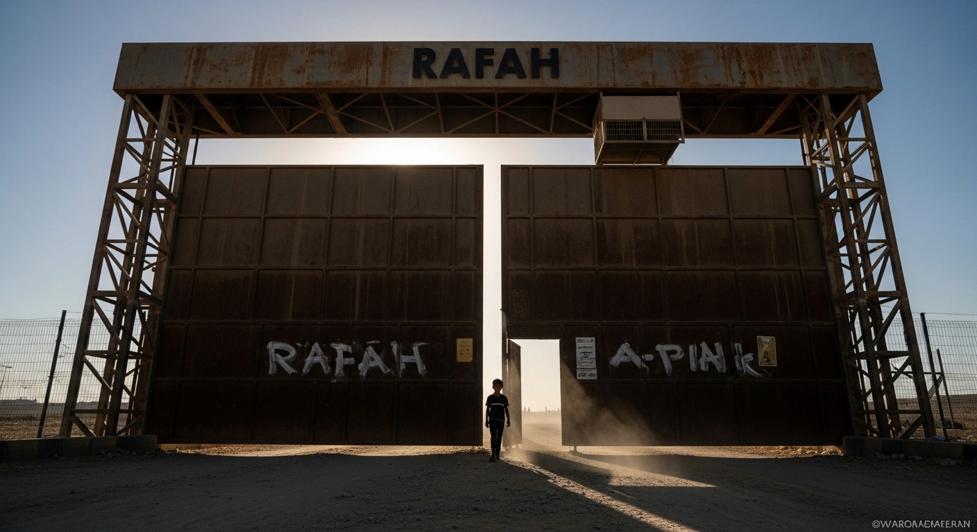 A wide, low-angle shot shows the imposing, rusted gates of the closed Rafah crossing at sunset, with a lone, silhouetted child standing in the foreground, symbolizing the halt of critical humanitarian aid and medical evacuations for Gaza's displaced residents following Israel's closure of entry points due to security concerns.