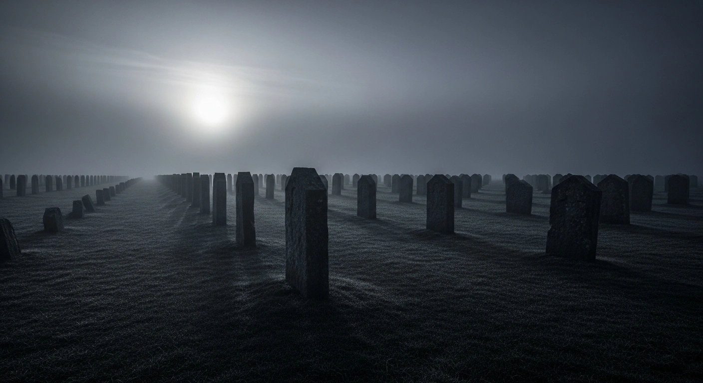 A desolate field with rows of unmarked stone markers represents the reported retention of Palestinian remains by security officials.
