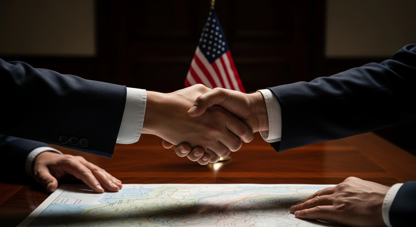 A close-up, high-angle shot depicts an Israeli hand and a Syrian hand shaking across a dark wooden table, symbolizing a US-supervised diplomatic understanding to reduce tensions along the Golan Heights border.