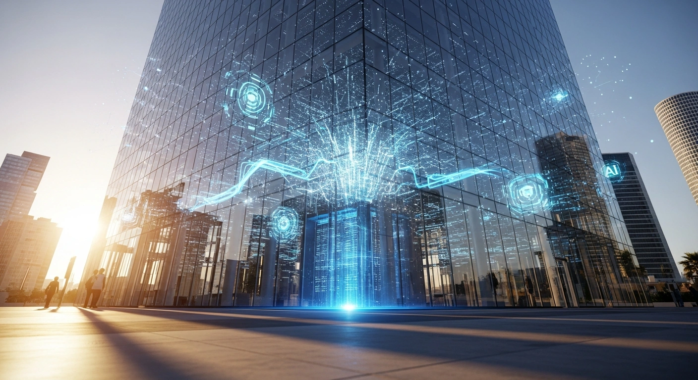 A low-angle shot of a modern glass skyscraper in Tel Aviv at sunset, showcasing a bustling tech hub with glowing data streams and holographic projections representing advanced AI and cybersecurity, symbolizing the recovery and surge in defense innovation and investment in Israel's tech sector.