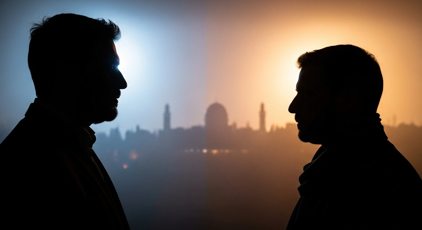 A conceptual image representing the diplomatic tension between Israel and Turkey over the status of Jerusalem with contrasting lighting and city silhouettes.