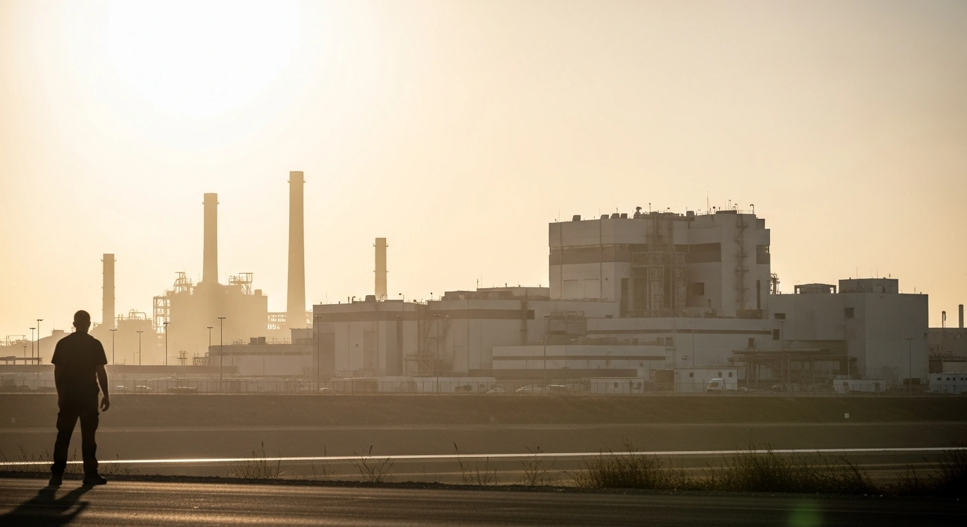 A wide, cinematic shot at sunset depicts a modern Israeli defense manufacturing plant, symbolizing Israel's announced intention to gradually phase out its reliance on American military aid, with a lone figure looking towards a horizon of greater self-reliance.