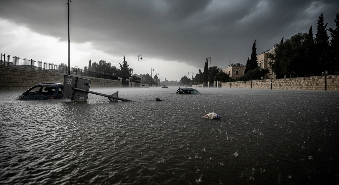 A wide, low-angle shot of a flooded street in Jerusalem during a severe winter storm, showing murky, wind-whipped water, dark storm clouds, and debris including a damaged car, reflecting the widespread flooding and property damage across Israel.