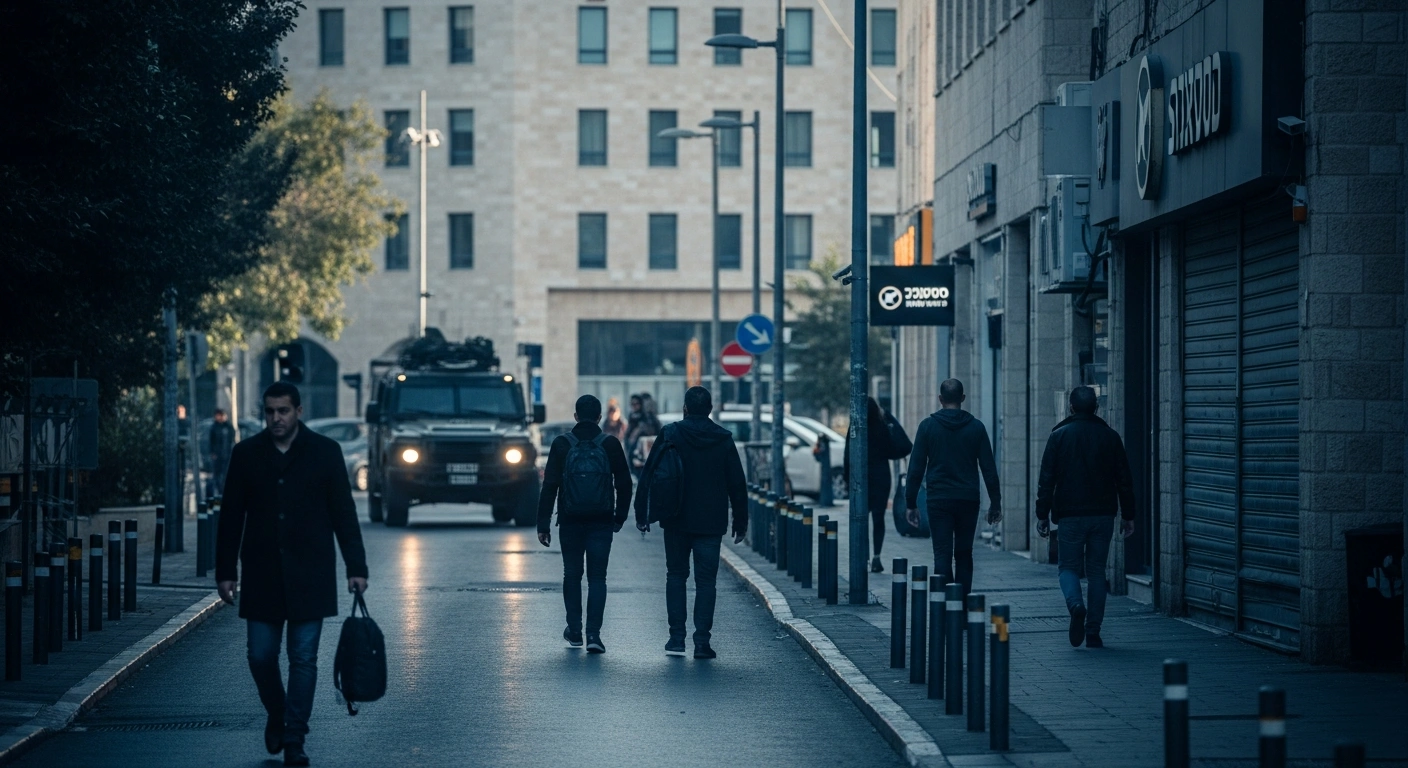 People walk to work in an Israeli city as military authorities monitor the security situation while schools remain closed due to updated Homefront Command guidelines.