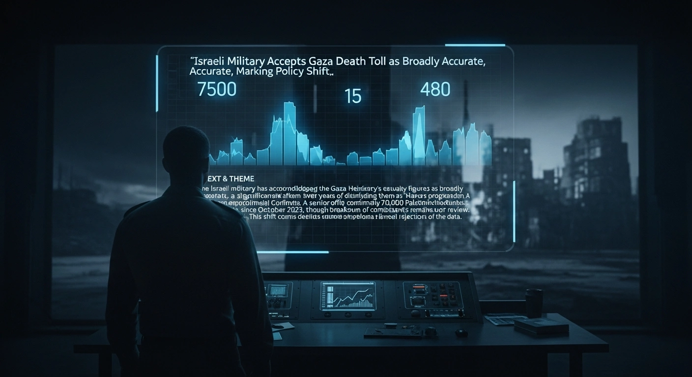 A uniformed figure stands in a dimly lit command center, observing a holographic display of casualty figures, symbolizing the Israeli military's acknowledgment of Gaza Health Ministry data on Palestinian deaths.