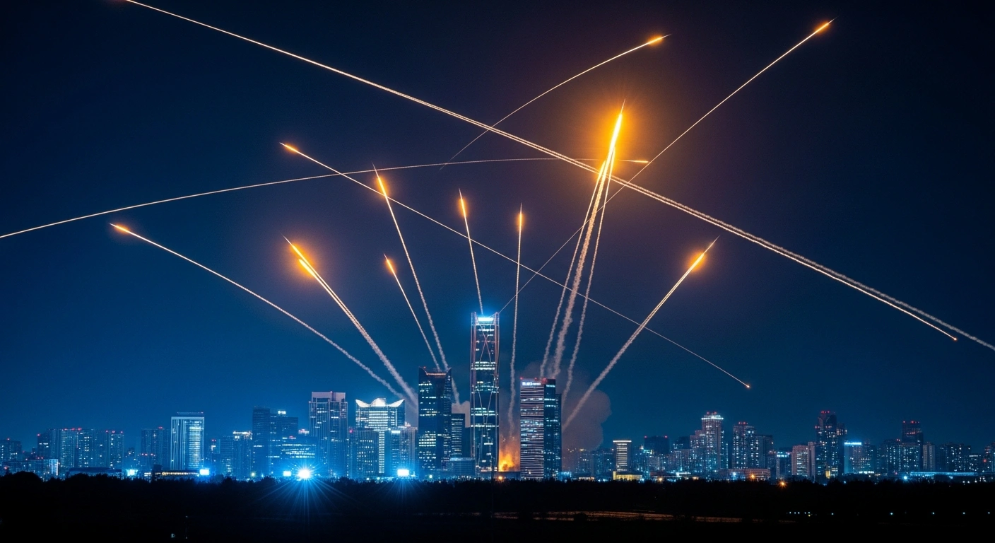 Israeli air defense systems intercept a barrage of missiles over a city skyline at night.