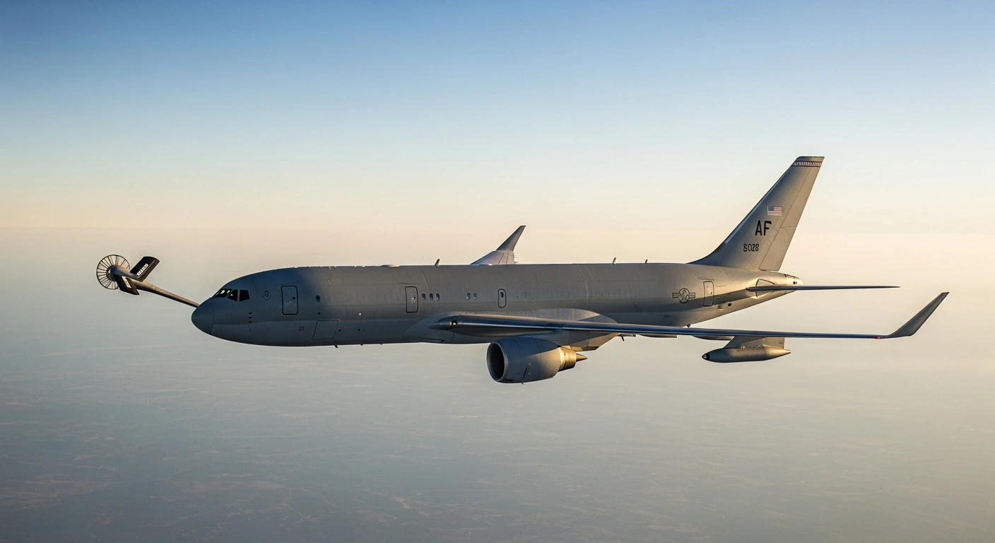 An Israeli Air Force Boeing KC-46A Pegasus aerial refueling aircraft flies through the sky during a mission.