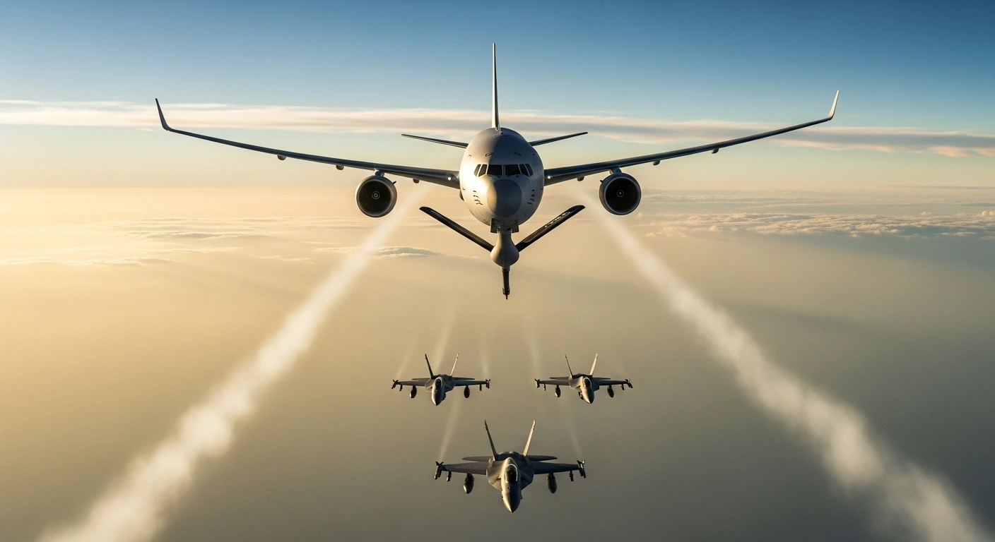 An Israeli Air Force Boeing KC-46A Pegasus refueling aircraft flies in the sky alongside fighter jets during a training mission.