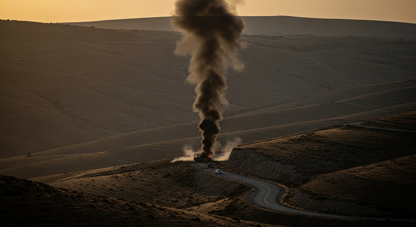 A plume of smoke rises from a destroyed vehicle on a road in Nabatieh al-Fawqa following an Israeli drone strike in southern Lebanon.