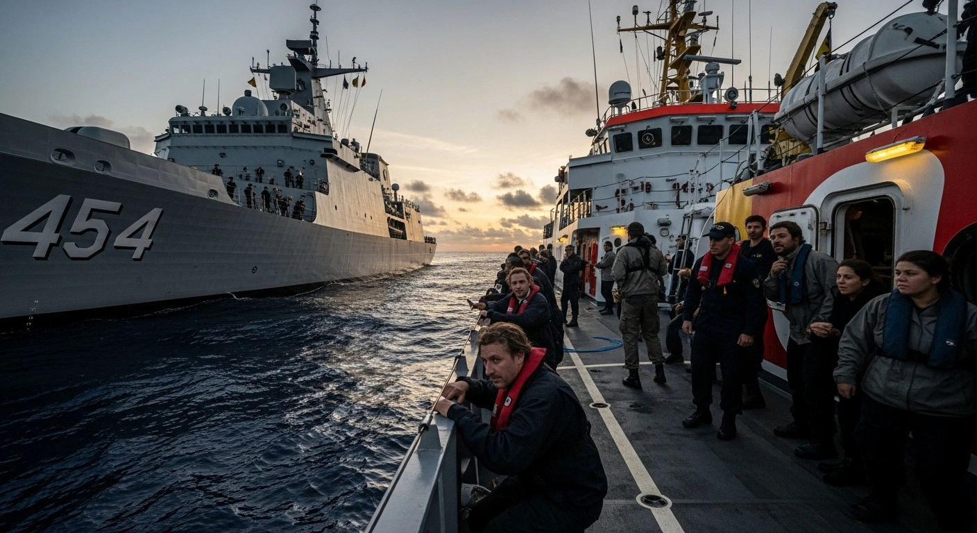 A dramatic scene at dawn shows a large, grey Israeli military vessel intercepting the Global Sumud Flotilla, a smaller, brightly painted civilian aid convoy carrying activists including Greta Thunberg, in international waters.